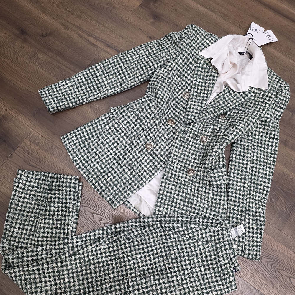 Zara Green and White Houndstooth Pantsuit